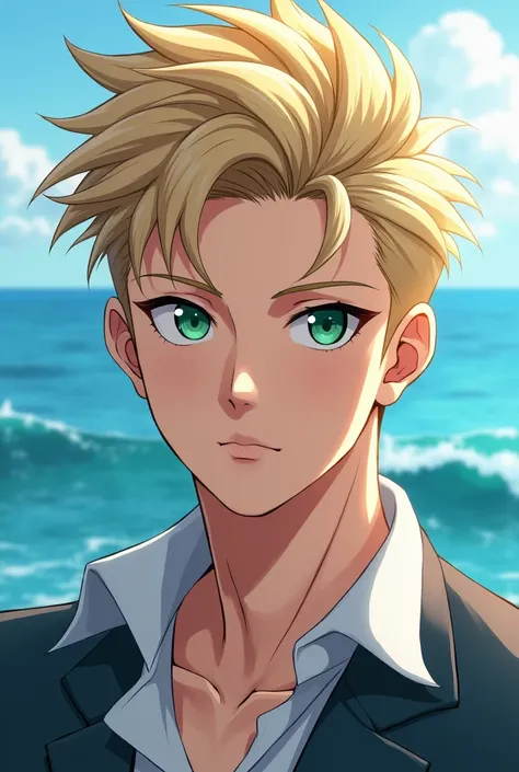 Digital illustration of anime male character, young man, short hair, blonde, green eyes, mature, handsome face, cool, sea background