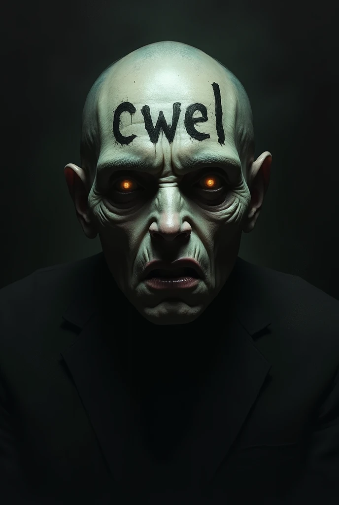  Has written "cwel "  on forehead  