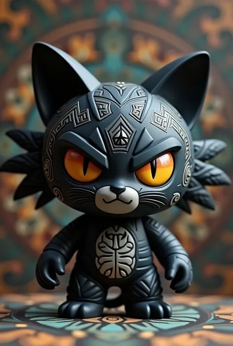  A vinyl art toy , softfubi ,  synthetic shapes , (( style Tezcatlipoca Azteca )), rounded,  shape of a cute and angry black and gray kitten. Synthetic and rounded shapes .