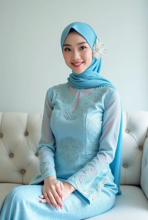 Stylish photography, Elegant and elegant style , young and beautiful Sundanese woman , clean skin ,ideal body,compact chest ideal, wears sexy kebaya style dress Bali traditional bride ,  lacy light blue elegant brocade material ,with long sleeves ,wear ele...