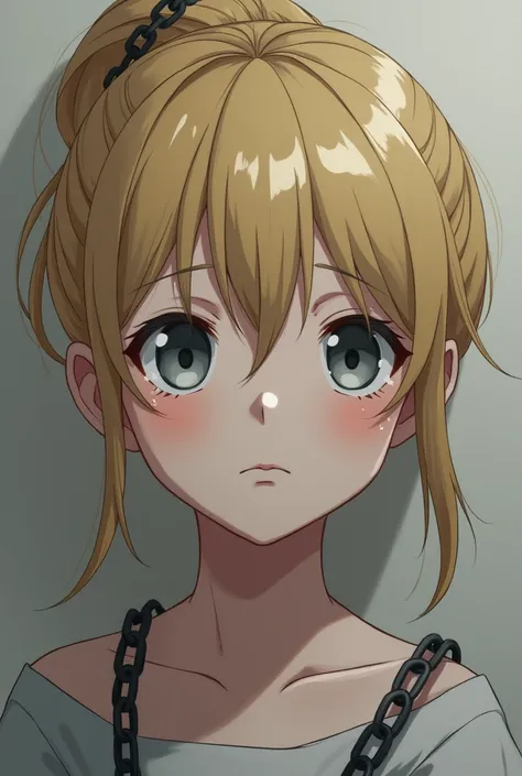 A girl from the anime has pale white skin, bright gray eyes full of tears. Her hair is sad and her hair is blonde tied to an iron chain 