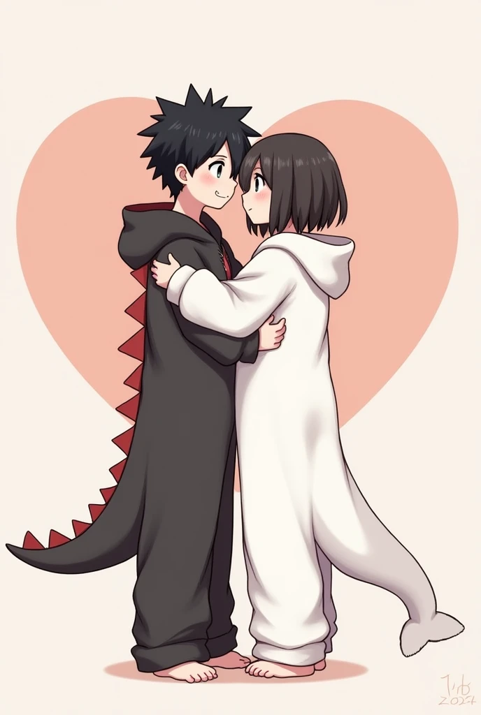 One boy is( black hair with short cut ,  Brown Eyes , wears cute black dragon pajamas and a hood )The other girl has ( black hair with short bob hair ,   Brown Eyes ,  wearing cute white sheep pajamas with a round tail and hood、Im going to lose my dorsal f...