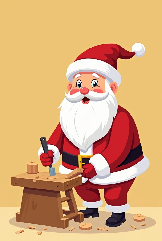 Create a Santa Claus in cartoon format that is making wooden furniture solid color background.