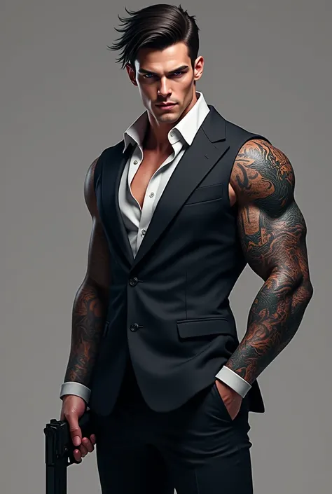 a handsome man, With one feature it would be ,  his left eye was red and his right eye was purple . Her hair with social cut back ,  with a defined body ,  an elegant suit with the sleeves rolled up to the middle of the arms,  with a large dragon tattoo on...