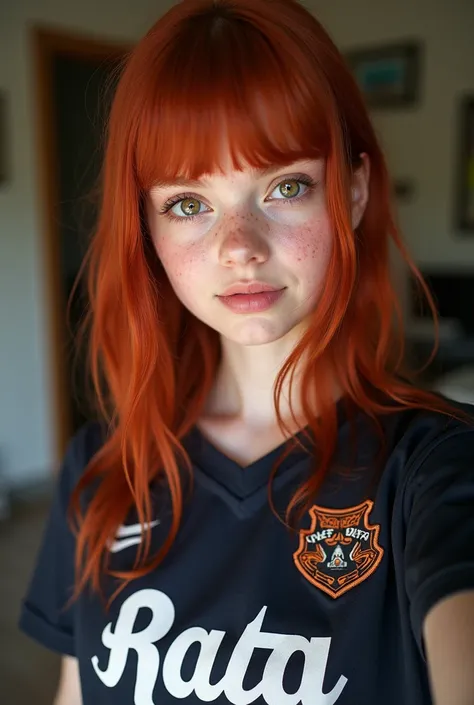  Create a beautiful red-haired teenager with brown eyes ,  she has an emo style with bangs , Shes sweet ,  and a charming smile with her mouth closed .  She has freckles ,  very large breasts and shes wearing a League of Legenda jersey.  A natural and home...