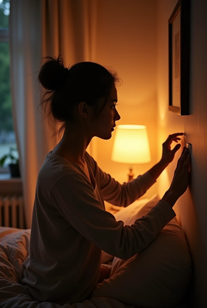 A person switching to warm, dim lights in the bed room