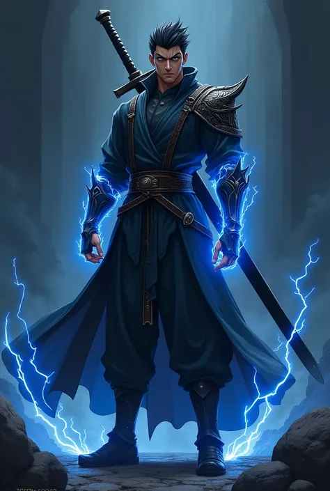 2d character similar to sarutoru gojo with a black sword on his back and blue lightning on the front