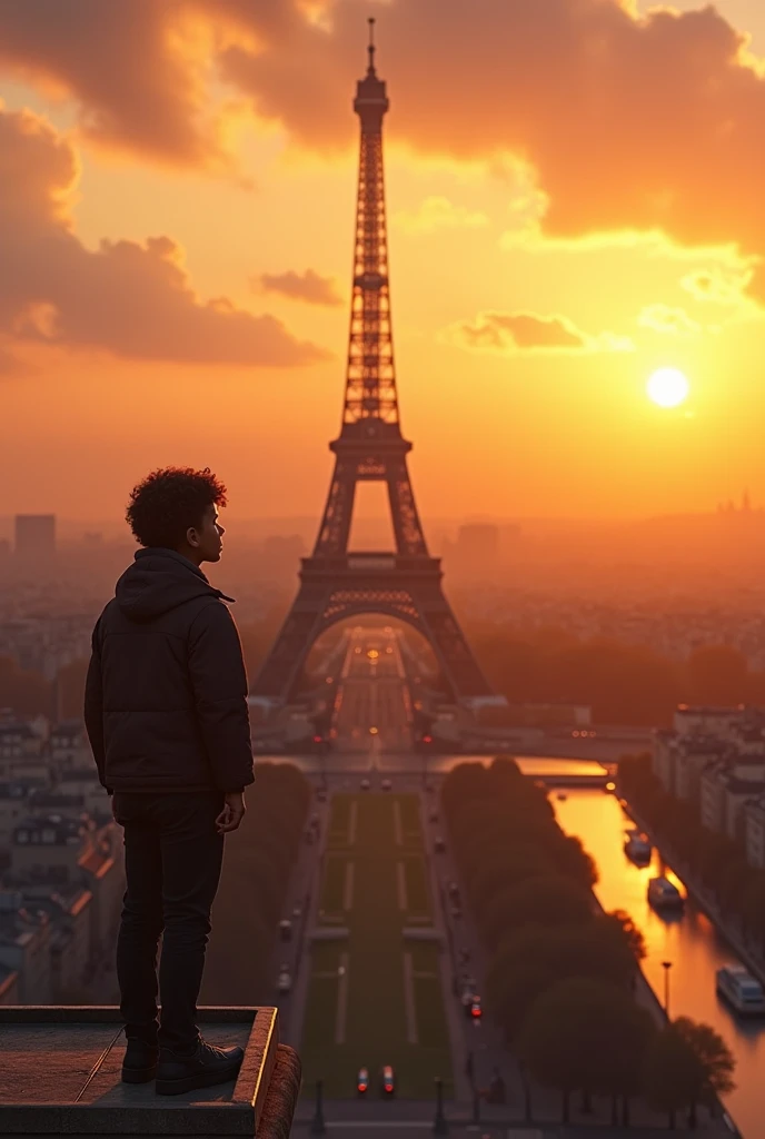 Paris,  in a beautiful sunset , And a 14-year-old boy , moreno,  brown eyes ,  and curly hair on top of the Tower of Paris 