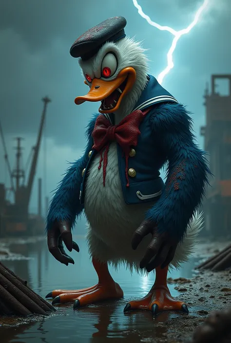 		Dans cette version, Donald a une stature plus large et plus musclée, avec des plumes noires et hirsutes qui remplacent son traditionnel plumage bleu et blanc. Ses yeux, dhabitude pétillants de malice, sont devenus dun rouge incandescent et dégagent une l...