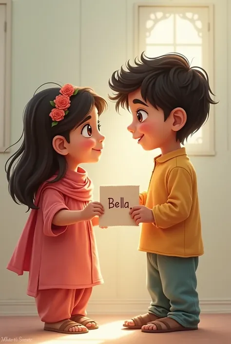 A Pakistani young girl and boy in true human form smile looking face to face with the names Bella and Imran written on paper in their hands 