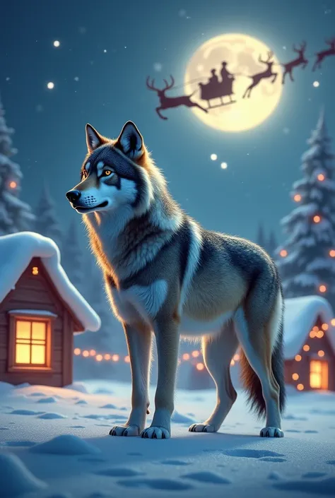 Siberian wolf in Christmas atmosphere with Santa ,  at the North Pole with cute houses and lights
