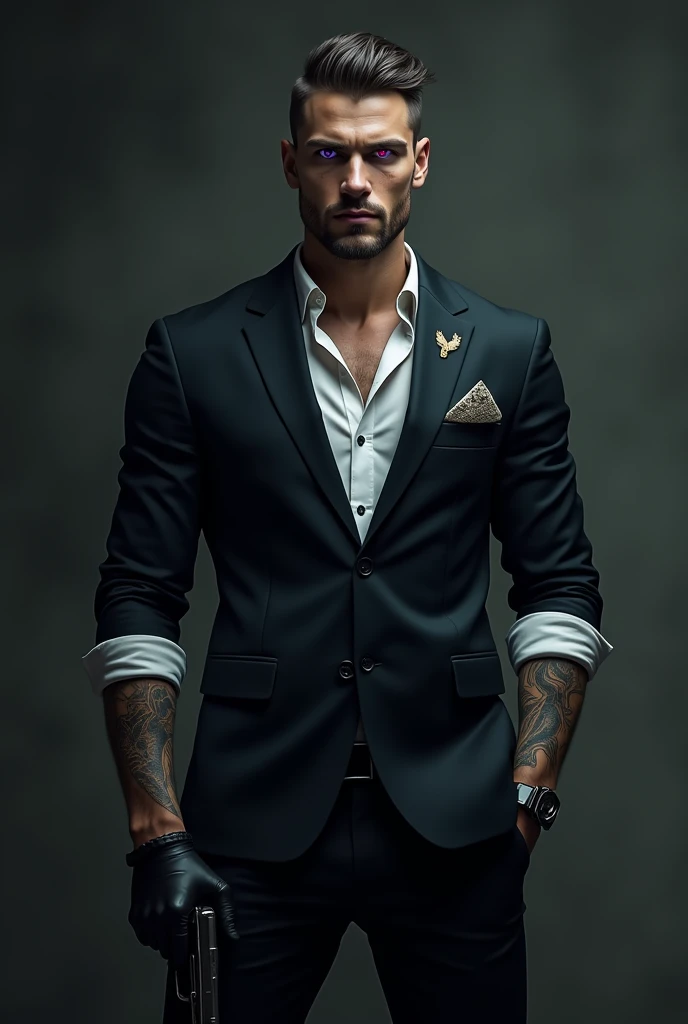  A handsome man with his defined body ,  his social haircut back ,  wears a suit with the sleeves rolled up to the middle of his arms .  Dragon tattoos on both arms , black gloves. His red and purple eye .  He places one hand in his pocket and in the other...