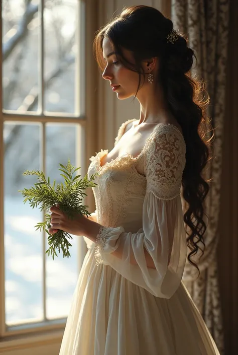 a bride from centuries ago holding a mistletoe and preparing for her wedding on a winter day