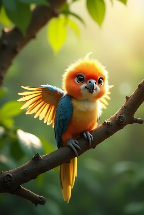 A baby parrot learning to flap its tiny wings.