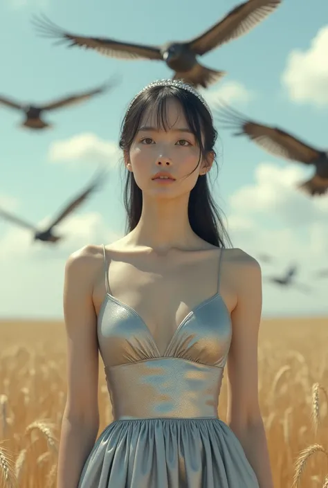 ((Big Birds Fly :1.5))、((A Japanese :1.5))、( Tight Straight Bustier Metallic Satin Dress:1.5, Super Shine Iridescent Grey :1.5、Big Thick Hairband :1.5), full body:1.5, ((slant eyes:1.5))、( serious expression:1.5、Quiet Smile:1.5)、((The background is a wheat...