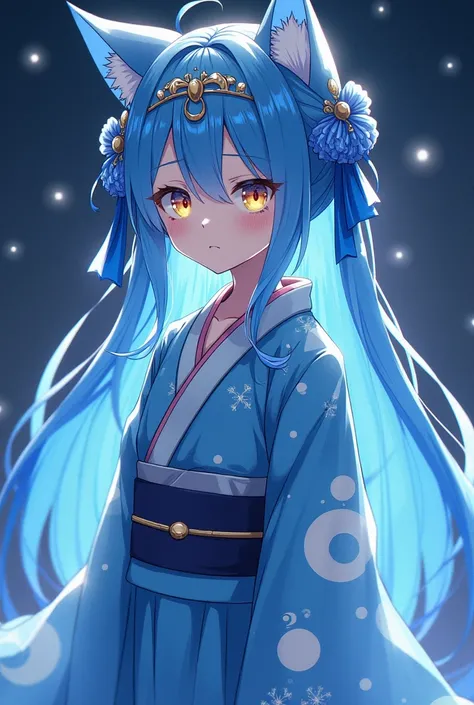 badass clothing: Flowing kimono in shades of blue and silver with lunar and star patterns, emitting a soft glow.body hair: Long and blue, flowing like moonlight, with sparkling highlights. It can be tied in a low bun or left loose with blue ribbons..eyebal...