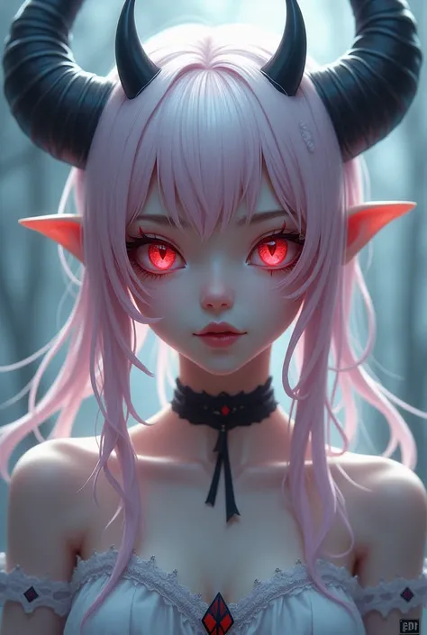 Change it ,  must have light pink hair with light blue highlights ,  red eyes with black diamonds ,  hairstyle two tails with loose hair ,  a design of bat wings on the tails and two small black demon horns