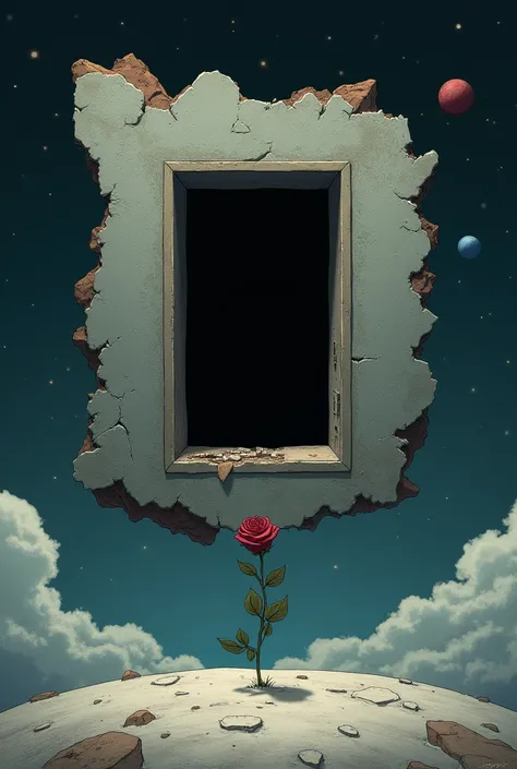 a piece of land levitating in space with stars and planets on which a piece of wall has been demolished, with a window in which nothing can be seen
The window has to be like in normal house but is just empty 
Remove anyhing from the window there has to be ...