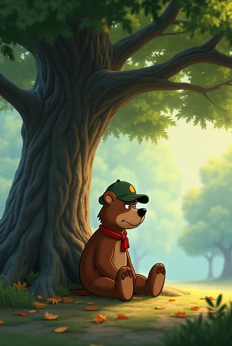 Create me an image of the sad baby Yogi Bear sitting under a tree make it real