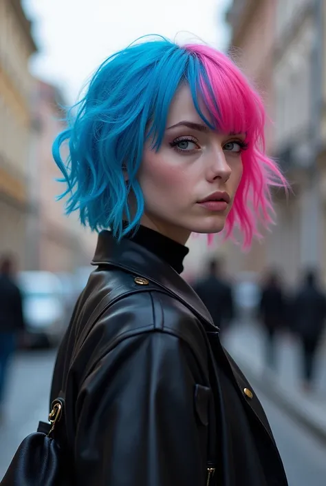 beautiful croatian woman with asymmetrical gradient blue and pink hair and violet eyes, wearing punk clothes, walking in the city, epic character composition, sharp focus, natural lighting, subsurface scattering, 85mm lens, film grain, pale skin, (intricat...