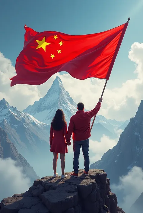 Create a picture A man and woman holding the Chinese flag stand on a high mountain and look into the distance