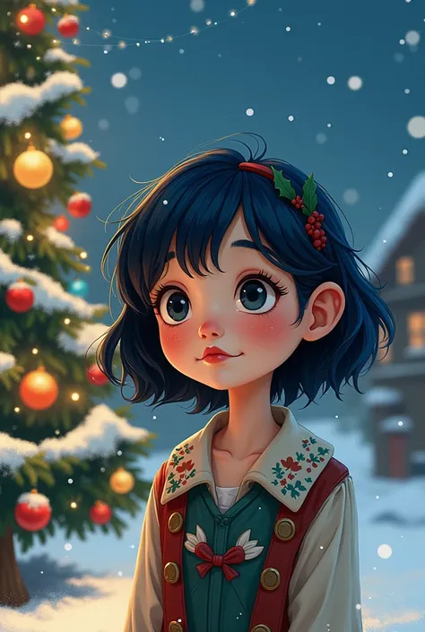 Create a Disney Pixar style image, Christmas theme, dark blue hair,  half Japanese , Black Lipstick