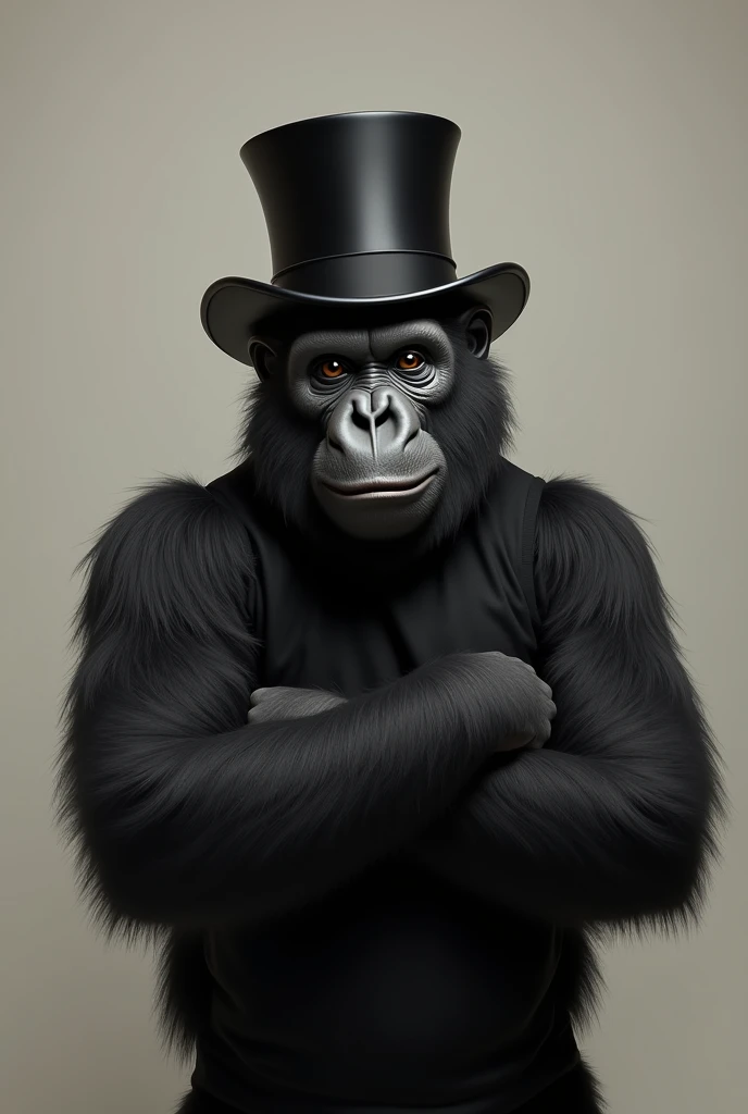 A black gorrila tag monkey with a top hat and a black sweater 