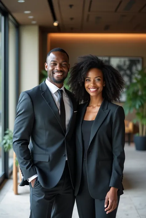 Un homme noir de 30 ans confiant et bien habillé et sa belle jeune épouse noire de 27 ans fondateurs dune grande entreprise nomée avec la marque "SOTECH (solution technique)" faisant photo dans un grand bureau et beau bureau 