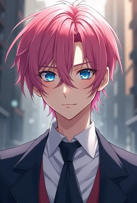 anime boy with pink hair and blue eyes wearing a tie, delicate androgynous prince, beautiful androgynous prince, semi realistic anime, koyoharu gotouge, tall anime guy with blue eyes, inspired by Munakata Shikō, attractive androgynous humanoid, it has a pi...