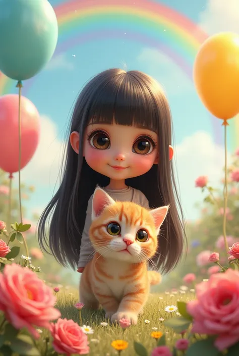  girl with big, expressive eyes with full black hair without a circle and a straight cut at the shoulders ,With a baby kitten playing happily and excitedly there are balloons, roses, flowers and rainbows 