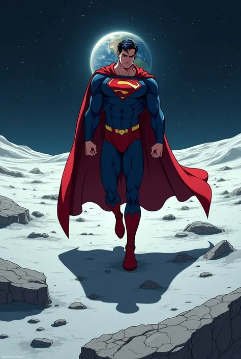  Create an image of Superman landing on the moon in the distance, in anime style please 