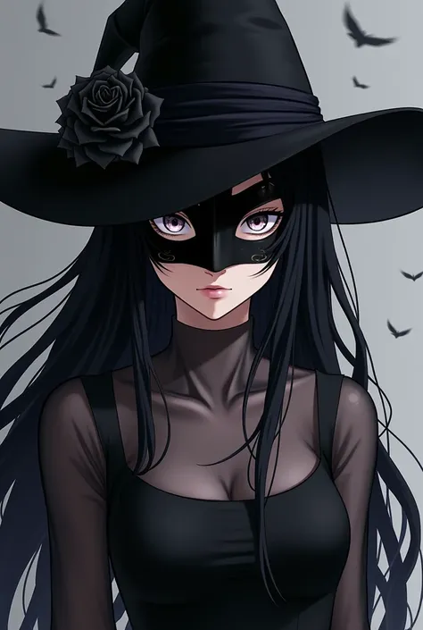  Creates an image of a girl style my hero academy , with black hair, long and loose. fringe,  a black dress with transparent sleeves but light black . black heels,   a black witchs hat with a black flower in the corner,  a black mask that covers her entire...