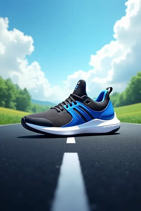 

"A creative advertisement design for a stylish sports shoe with attractive colors (blue, white, and black), placed at the center of the composition as the main focal point. The shoe is positioned on a straight black road, with a natural background featur...