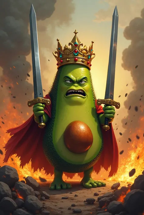 An avocado with a kings crown two swords shouting annoyed in a war with fire 