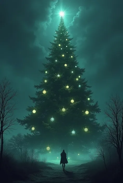 Dark fantasy one night, looking at a huge Christmas tree with all the brightest lights biggest ornaments looking at it