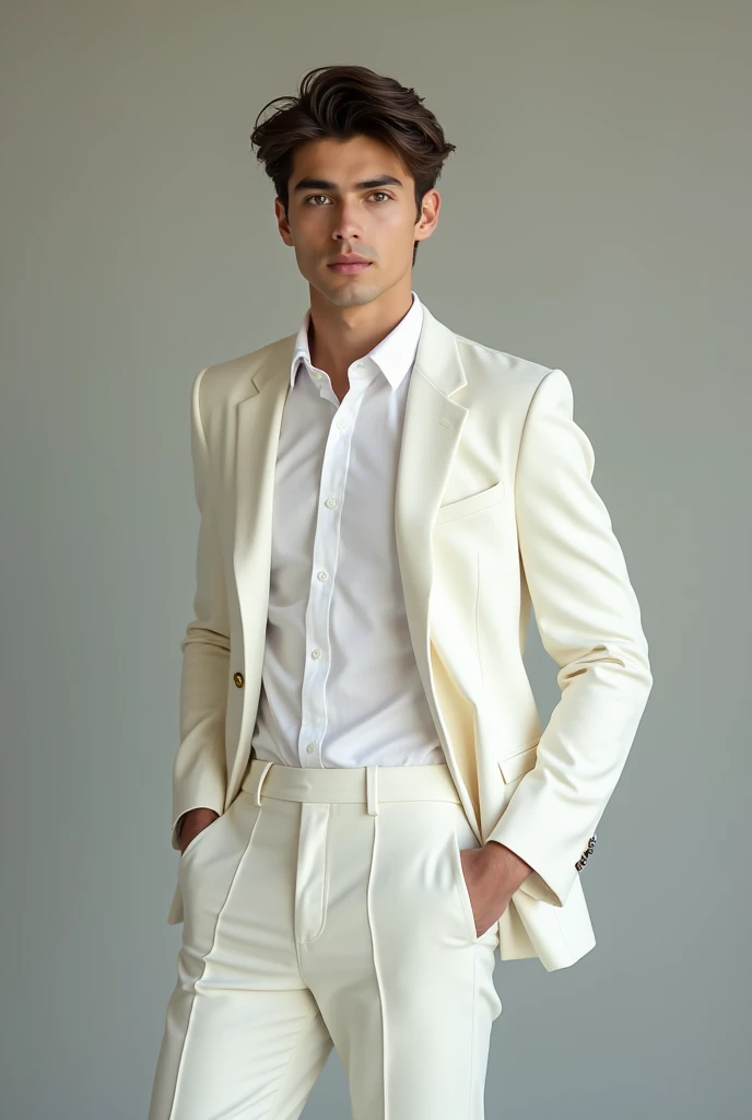 The 18-year-old man, dressed in white in a classic style, poses for a longer picture with his hair combed