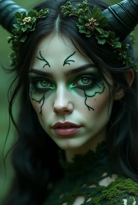 This forest-dwelling demoness is a vision of haunting beauty and mystique, her face a captivating mixture of ethereal elegance and feral intensity. Her skin has an almost luminescent quality, a pale ivory hue that contrasts strikingly with the deep green a...