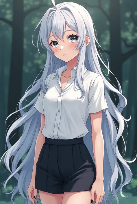   pretty girl  , in anime style, Nineteen, 175 cm  , with light grey eyes ,   with long wavy hair  ,  with hidden hair coloring :  white on the outside and black on the inside,   second-size chest  ,   dressed in a white shirt and dressed in black and shor...