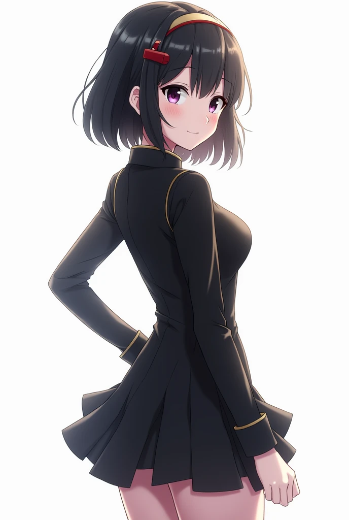 8620 (maitetsu),8620 (uniform),  masterpiece ,  best quality,  costume,   similar to Kemono, black dress,tem, looking back ,:d, white background,(( eye highlights ))