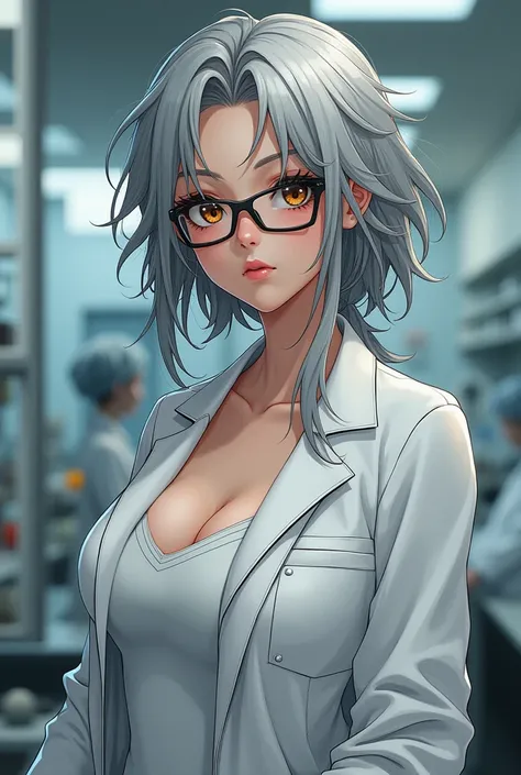 44 year old,164 cm,22, e cup breasts, long messy gray hair,  brown eyes, anime, wearing a lab coat, wearing glasses