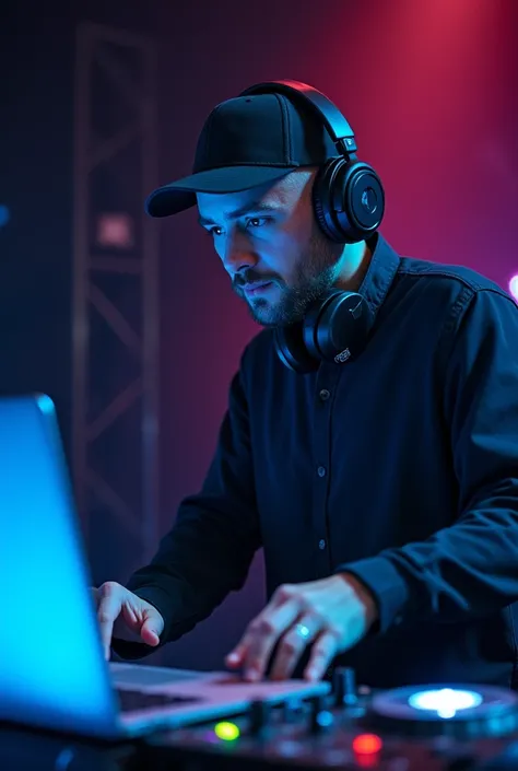 there is a man wearing headphones and a cap looking at a laptop, dj at a , dj, headphones dj rave, dj set, detailed portrait shot, electronic music, sythwave, atmoshperic, with headphones, playing techno house music, music being played, dj sura, close up p...