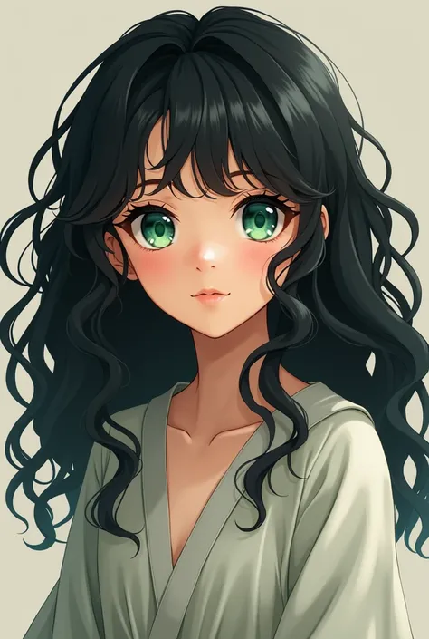 version anime,  A GIRL WITH VERY DARK BLACK HAIR AND VERY DETAILED EMERALD GREEN EYES, Her hair is curly, HE HAS AN ABAYA 