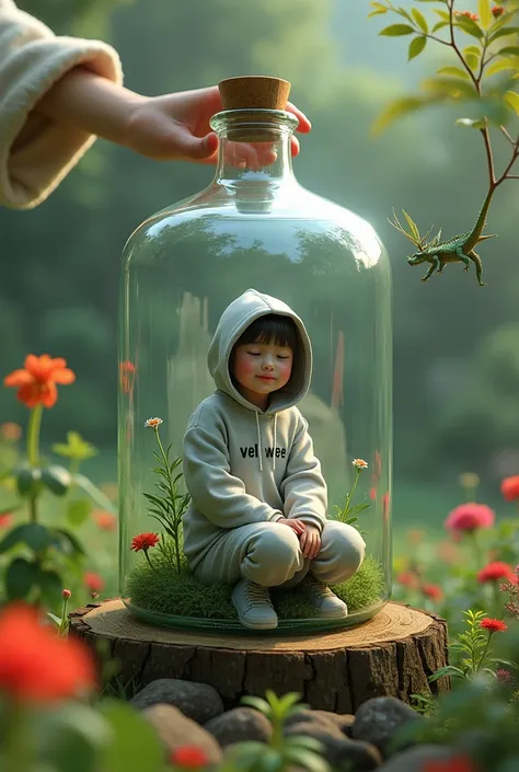  A hyperrealistic fantasy image of a tiny Asian woman 30s, wearing hoddie written "Vel Wee " kneeling inside a giant glass bottle placed on a wooden log, with a background of beautiful garden, and a mysterious hand holding the bottle with the woman inside ...