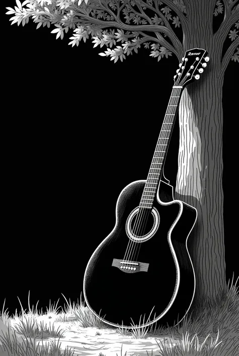 Une magnifique guitare poser contre un arbre dans un style graphique. Bande dessinée française de des coups de crayon doivent être extrêmement détaillé.et blanc Les couleurs blanc sur noir les coups de crayon détailler doivent être de couleur blanc sur feu...