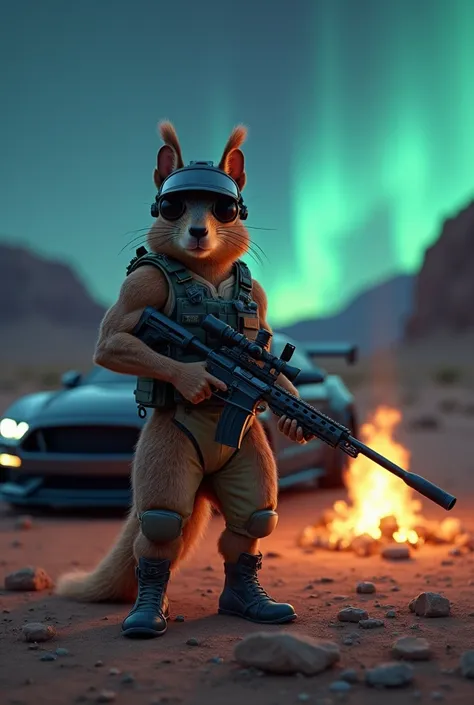 There is a masculer squirrel wear a military vest and cyber punk helmet with a sniper he also wear boot and sunglass and he is in a desert. There is a mustang gtr car just front of the squirrel . It is night time and Aurora behind. And a bon fire 