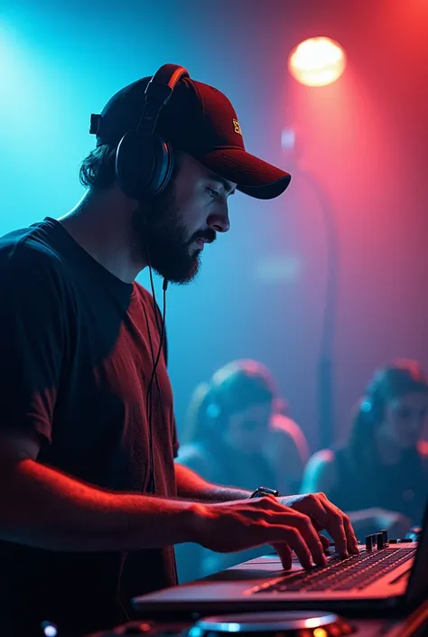 there is a man wearing headphones and a cap looking at a laptop, an airbrush painting by Robbie Trevino, pexels, process art, dj at a , dj, headphones dj rave, dj set, detailed portrait shot, electronic music, sythwave, atmoshperic, with headphones, playin...