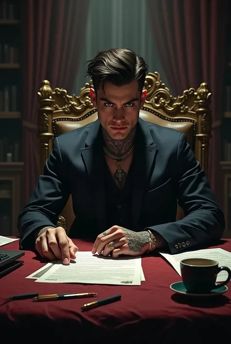 A young handsome guy early 20s,  seating on a chair behind a desk.he looks serious , there are tattoos on his neck and arms , he has a ring on his finger,  brown eyes , its a mafia setting and hes in his office,  the desk has some things,  like papers and ...