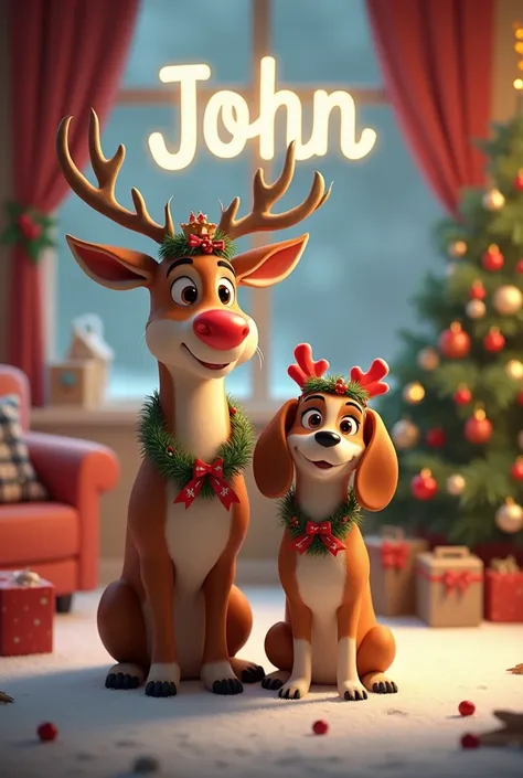 Christmas image with a reindeer and a beagle dog and that says John 
And on the top edge say Merry Christmas 