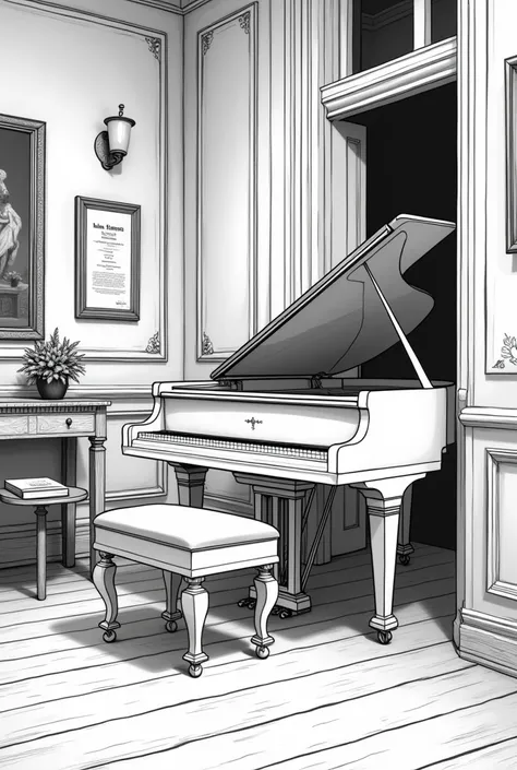 Petit piano à queue dans une jolie salle à musique avec un roman posé à côté dans un style graphique. Bande dessinée française de des coups de crayon doivent être extrêmement détaillé.et blanc Les couleurs blanc sur noir les coups de crayon détailler doive...