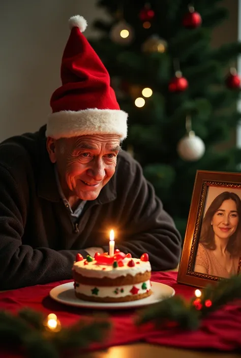 " An elderly person is sitting alone at the table ,  wearing a red and white Christmas-themed party hat .  his eyes are filled with tears ,  and a sore smile suggests a mix of sadness and nostalgia . In front of you, there is a small cake decorated with Ch...